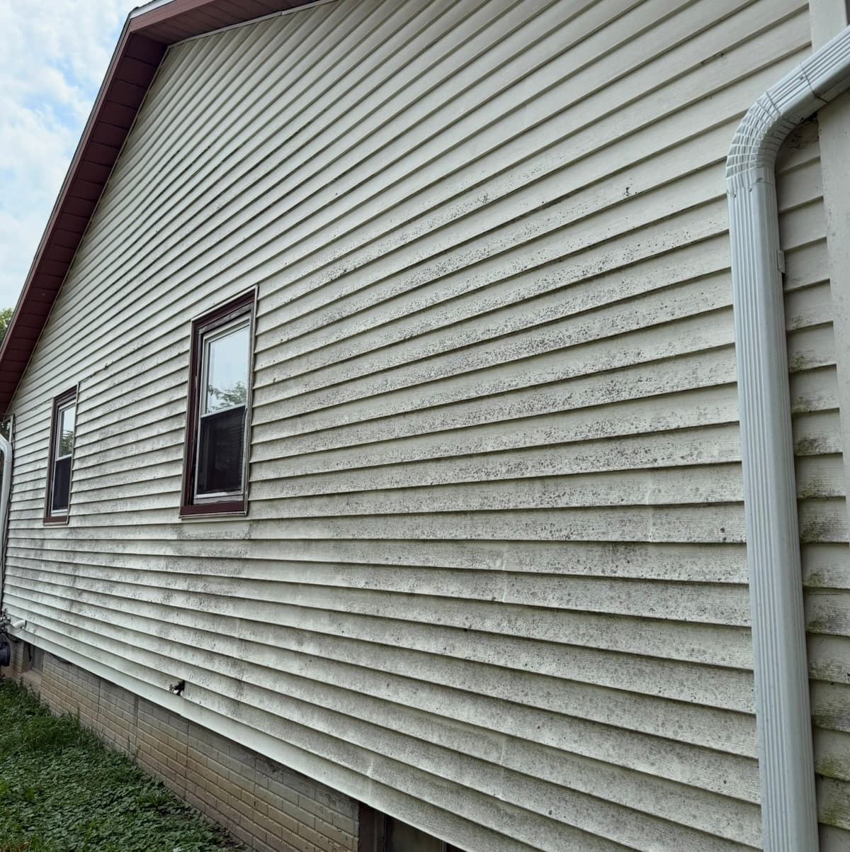 Dirty vinyl siding before professional pressure washing in Quad Cities, IA